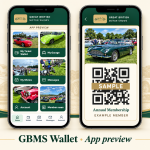 GBMS Wallet app preview on two iPhones, showing the home screen and a sample annual membership QR card.