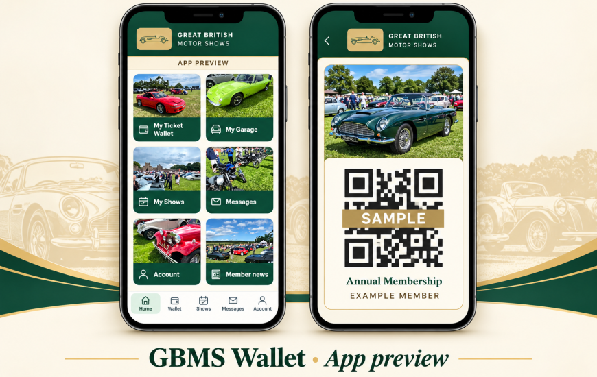 GBMS Wallet app preview on two iPhones, showing the home screen and a sample annual membership QR card.