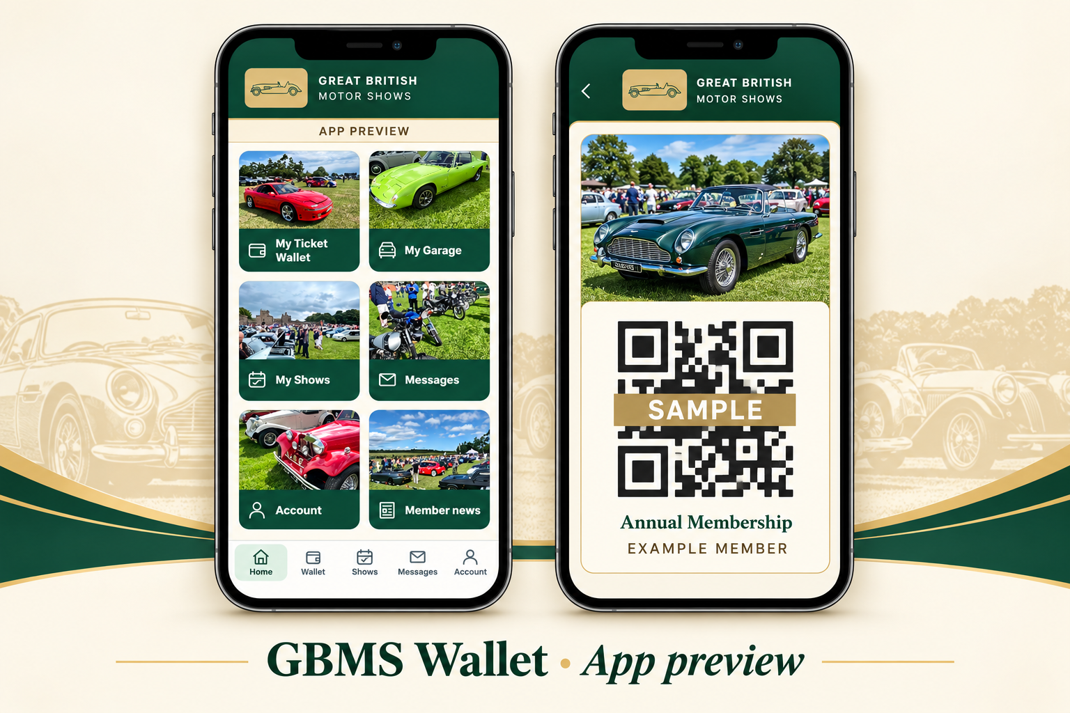 GBMS Wallet app preview on two iPhones: the home screen and an example annual membership card with a sample QR code