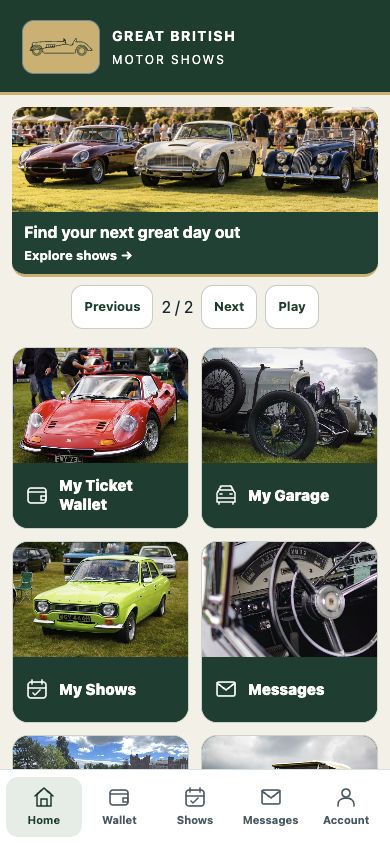 GBMS app home with Ticket Wallet, My Garage, My Shows and Messages