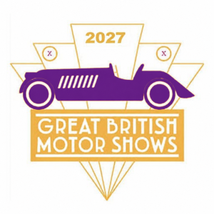 2027 Great British Motor Shows souvenir badge with a rich purple vintage car and gold and cream details