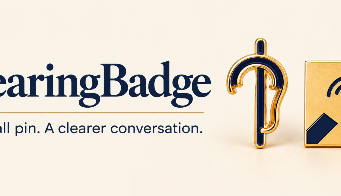 HearingBadge branding and two small metal hearing awareness pin designs
